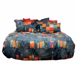 Copripiumino ad una piazza double-face Happy Cottage in cotone con stampa casette e quadri multicolor