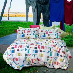 Copripiumino Brezza Izylinen double face a una piazza in cotone bianco a stampa panni stesi