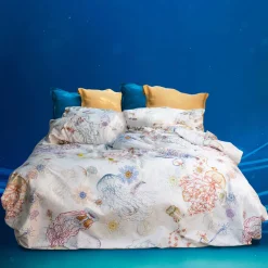 Copripiumino Ocean Izylinen double face a due piazze in cotone bianco a stampa meduse e conchiglie
