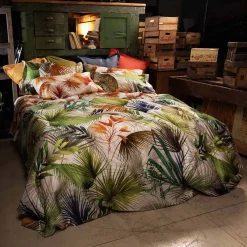 Copripiumino Palmeraie Izylinen double face a due piazze in cotone bianco a stampa felci verde e arancio