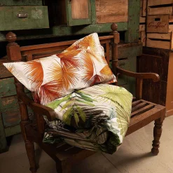 Copripiumino Palmeraie Izylinen double face a due piazze in cotone bianco a stampa felci verde e arancio