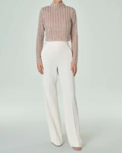 Crop top color taupe in tulle con maniche lunghe e ricamo in paillettes all over