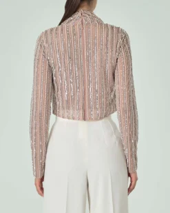 Crop top color taupe in tulle con maniche lunghe e ricamo in paillettes all over
