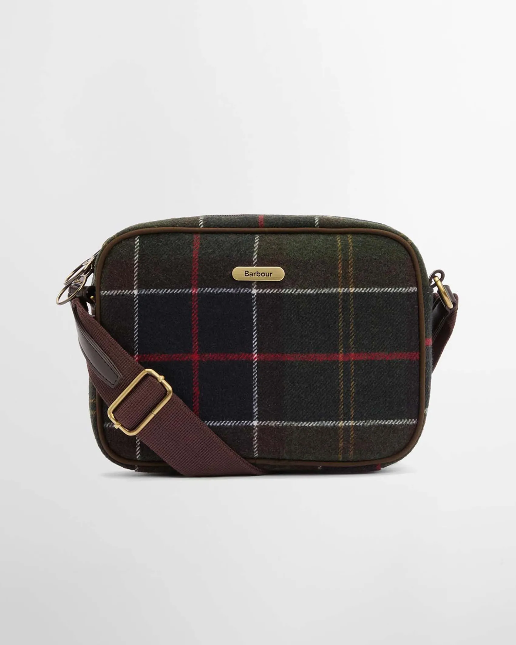 Cross bag Culross Barbour in tartan di misto lana verde e blu e tracolla in tessuto marrone