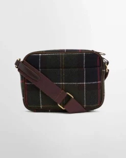 Cross bag Culross Barbour in tartan di misto lana verde e blu e tracolla in tessuto marrone