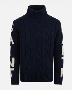 Dolcevita MC2 Saint Barth blu in misto lana e cashmere a trecce con maxi scritta logo sulle maniche