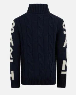 Dolcevita MC2 Saint Barth blu in misto lana e cashmere a trecce con maxi scritta logo sulle maniche