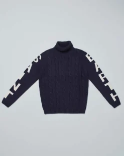 Dolcevita MC2 Saint Barth blu in misto lana e cashmere a trecce con maxi scritta logo sulle maniche