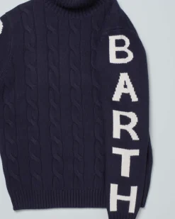 Dolcevita MC2 Saint Barth blu in misto lana e cashmere a trecce con maxi scritta logo sulle maniche