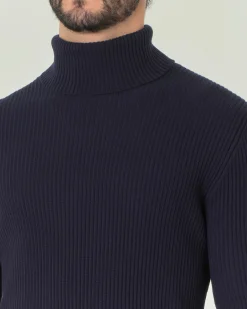 Dolcevita Pellizzari blu in puro cotone lavorato a coste inglesi