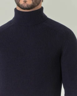 Dolcevita Pellizzari blu in pura lana merinos finezza 7 lavorato a coste