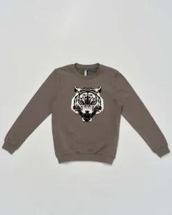 Felpa Antony Morato verde militare in misto cotone con stampa tigre floccata