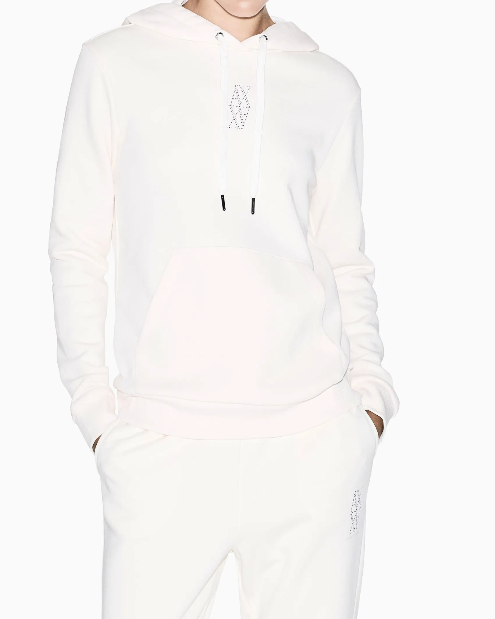 Felpa Armani Exchange bianca in cotone con logo applicato e cappuccio regolabile