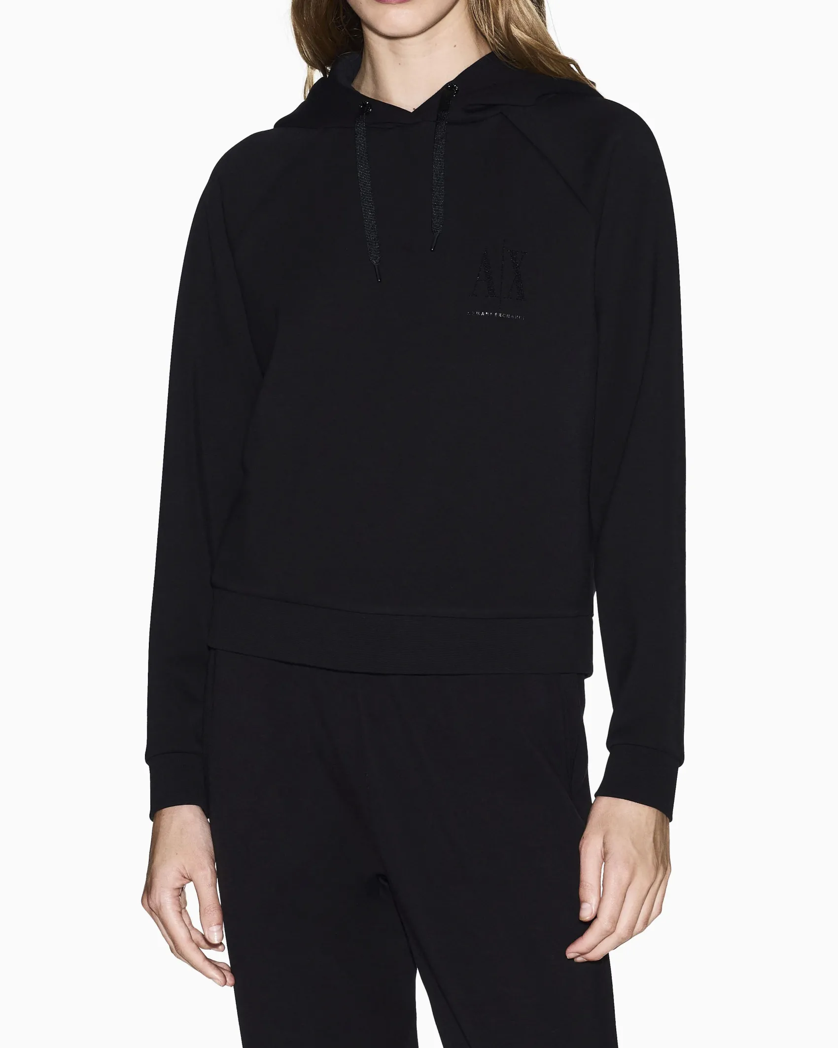 Felpa Armani Exchange nera in misto viscosa con dettagli in maglia di cotone