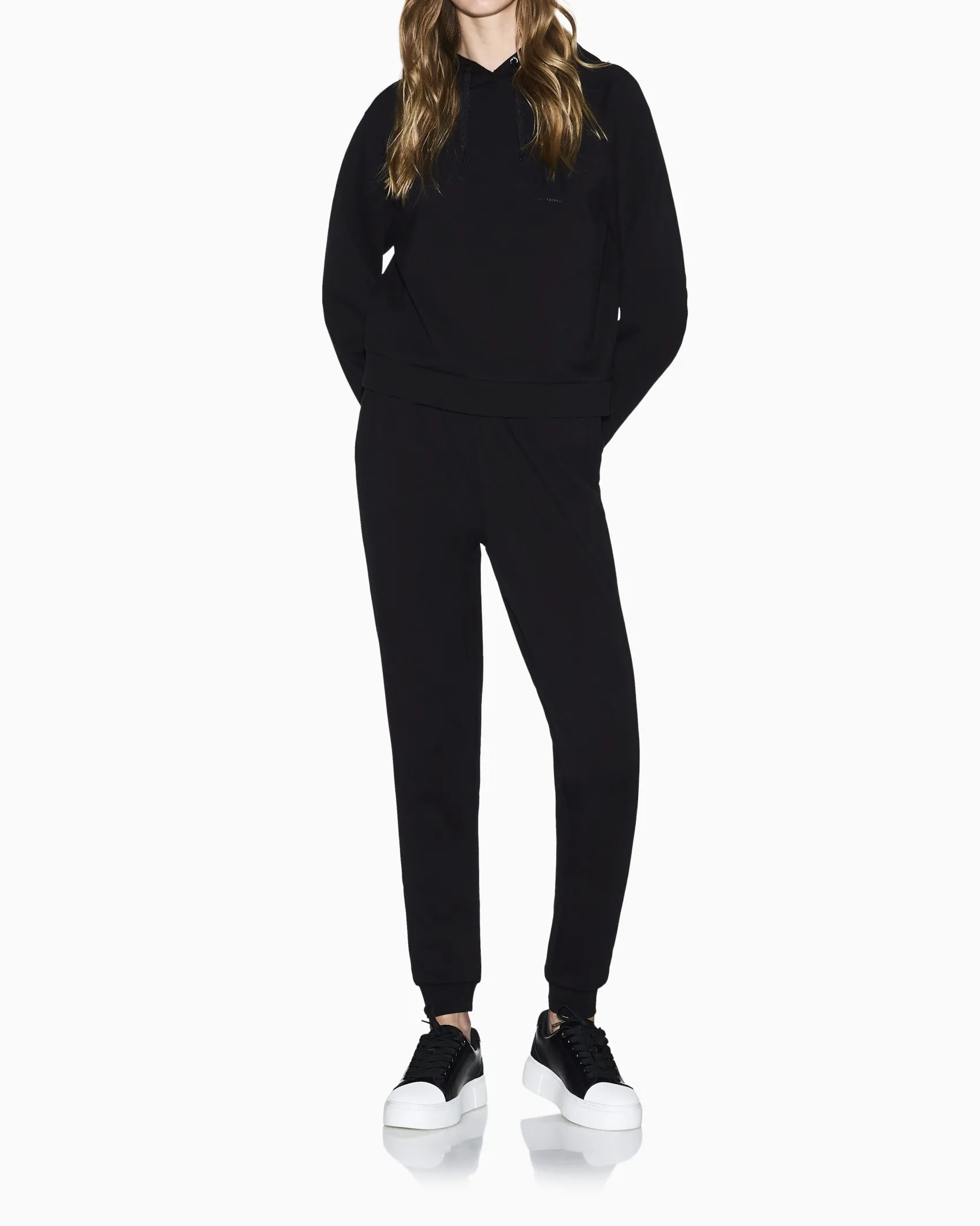 Felpa Armani Exchange nera in misto viscosa con dettagli in maglia di cotone