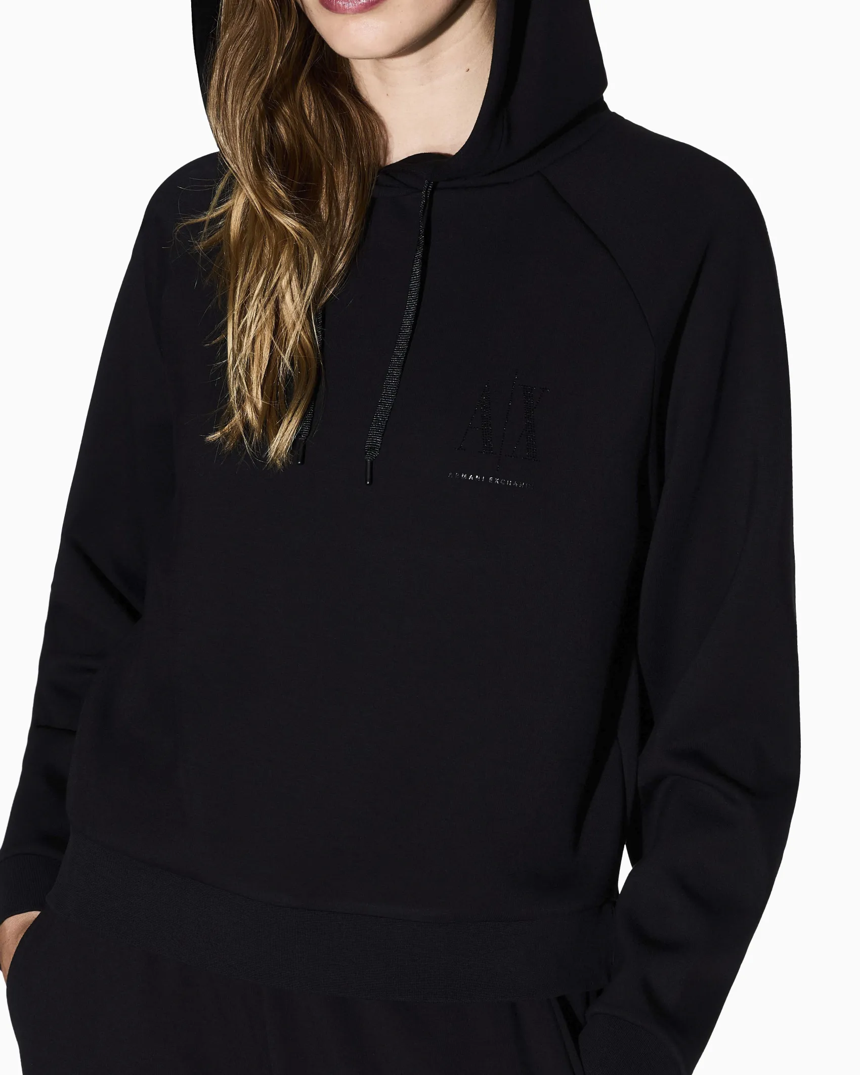 Felpa Armani Exchange nera in misto viscosa con dettagli in maglia di cotone