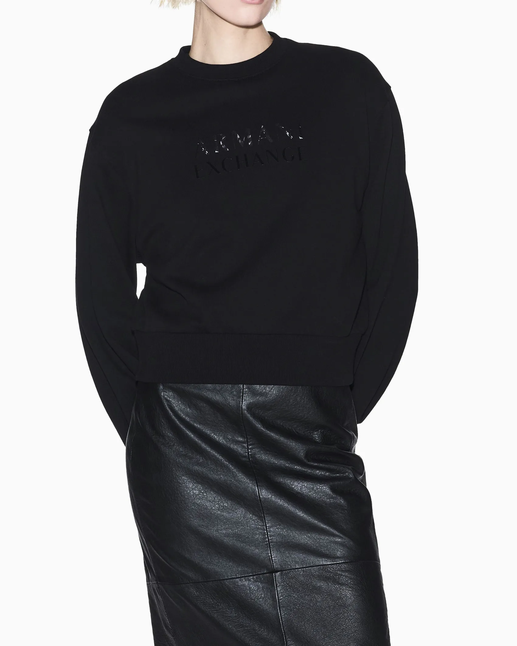 Felpa Armani Exchange nera in cotone con dettagli in maglia elasticizzata