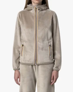 Felpa beige reversibile K-Way modello Lily in velour con cappuccio e cerniero termonastrate