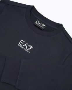 Felpa blu EA7 girocollo in cotone con mini logo stampato