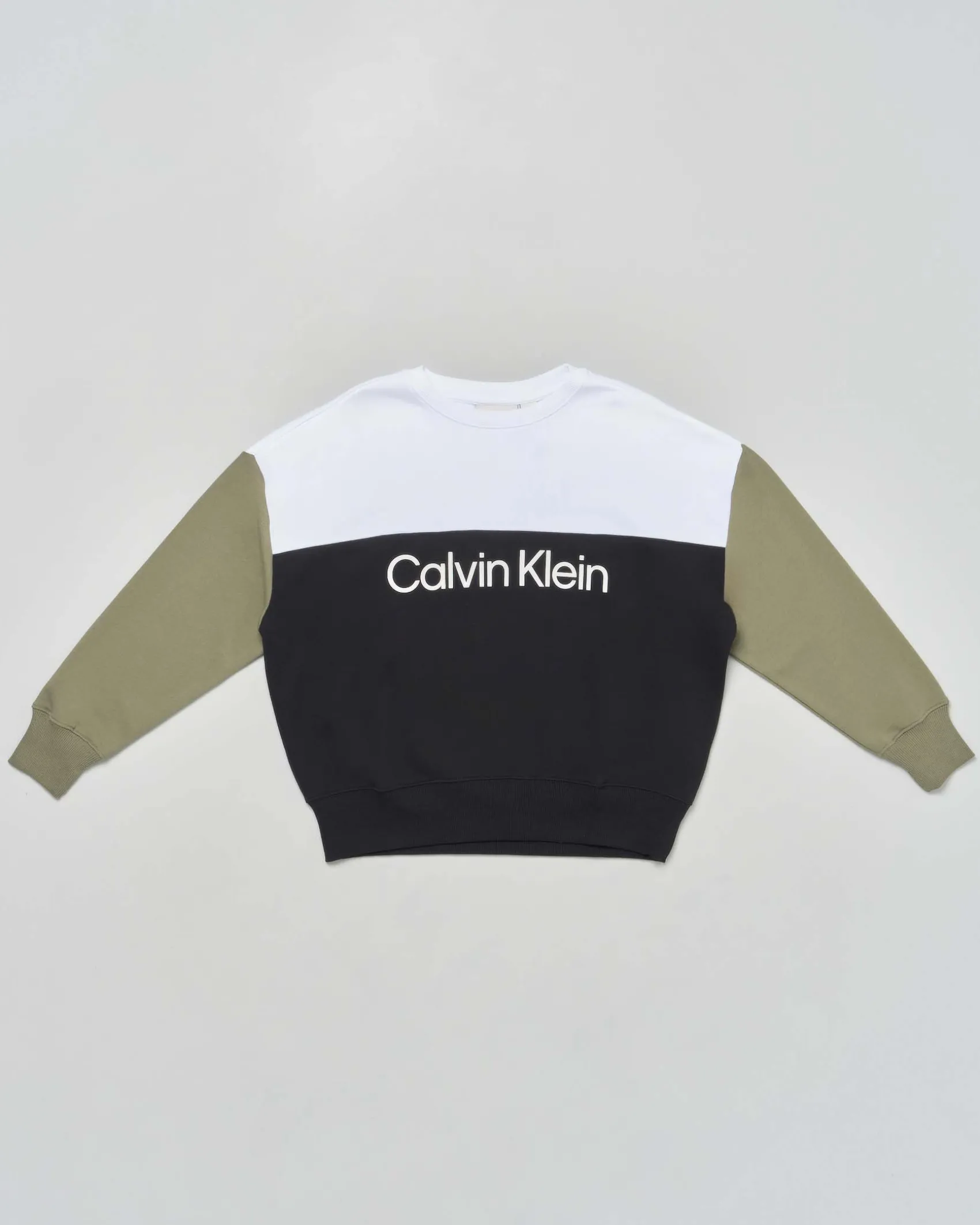 Felpa Calvin Klein color block bianco nero e verde in puro cotone garzato