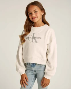 Felpa Calvin Klein color panna cropped in cotone con logo argento glitterato