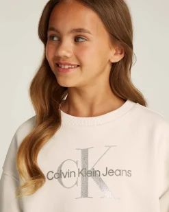 Felpa Calvin Klein color panna cropped in cotone con logo argento glitterato