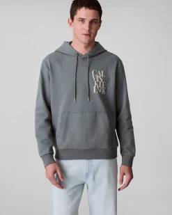 Felpa Calvin Klein Jeans grigia in misto cotone con cappuccio e logo stampato sul petto