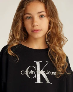 Felpa Calvin Klein nera cropped in cotone con logo argento glitterato