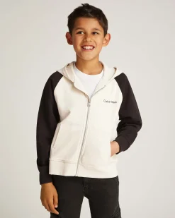 Felpa Calvin Klein panna in cotone con cappuccio e maniche nere in contrasto