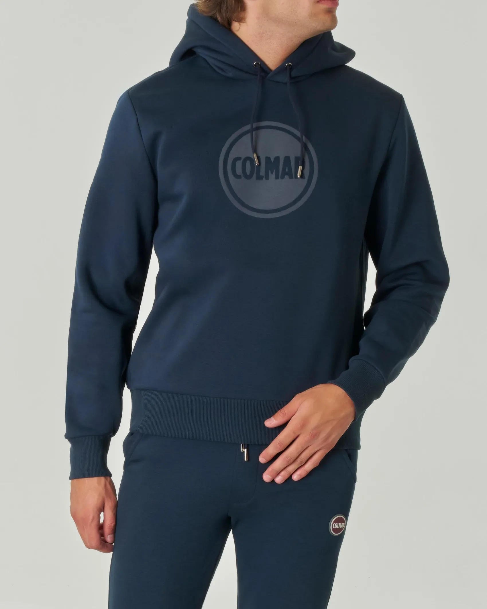 Felpa Colmar Originals blu con cappuccio e logo bollo applicato sul petto