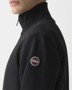 Felpa Colmar Originals nera con chiusura zip e logo bollo applicato sulla manica