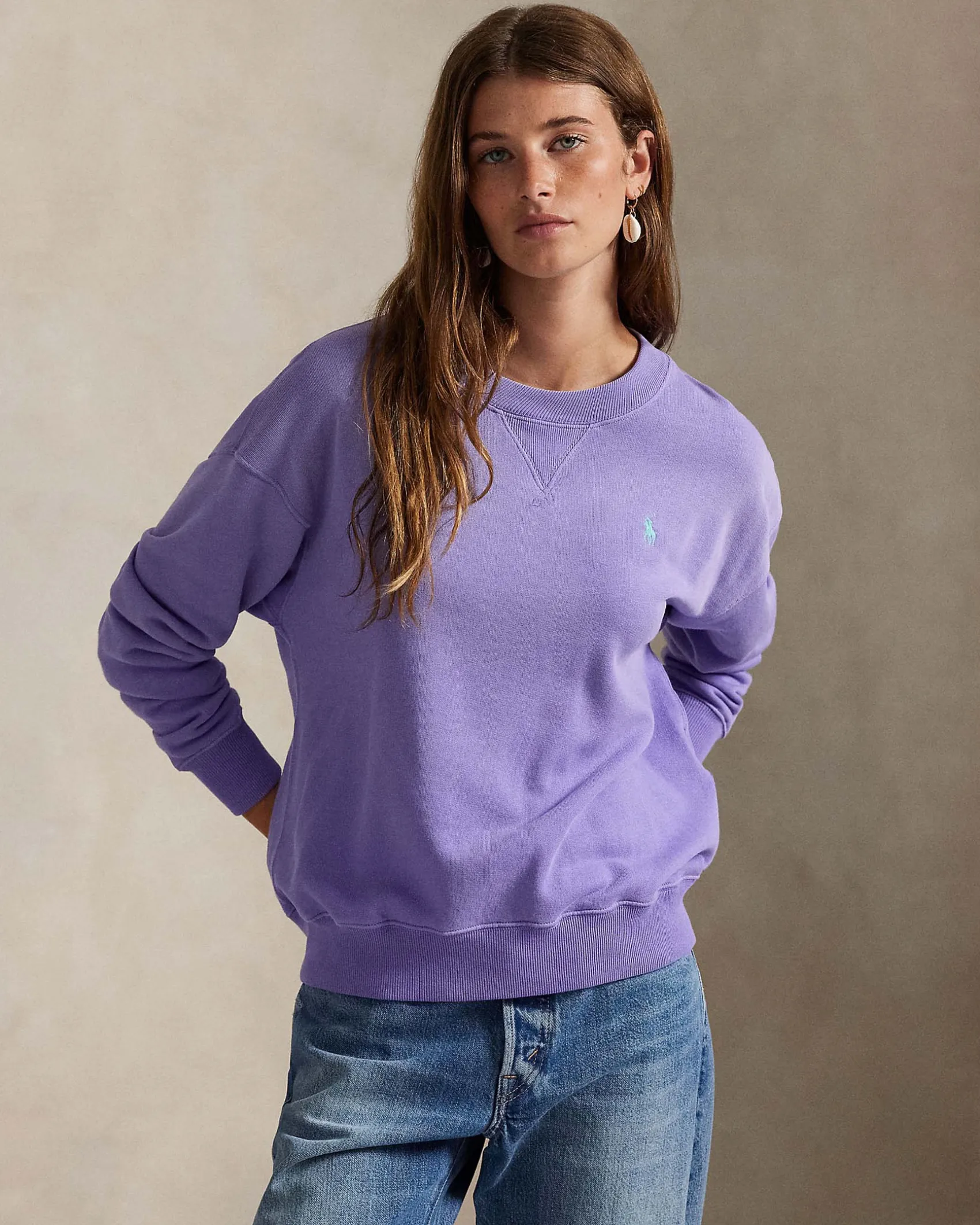 Felpa color lilla Polo Ralph Lauren in misto cotone garzato con logo a contrasto ricamato sul petto