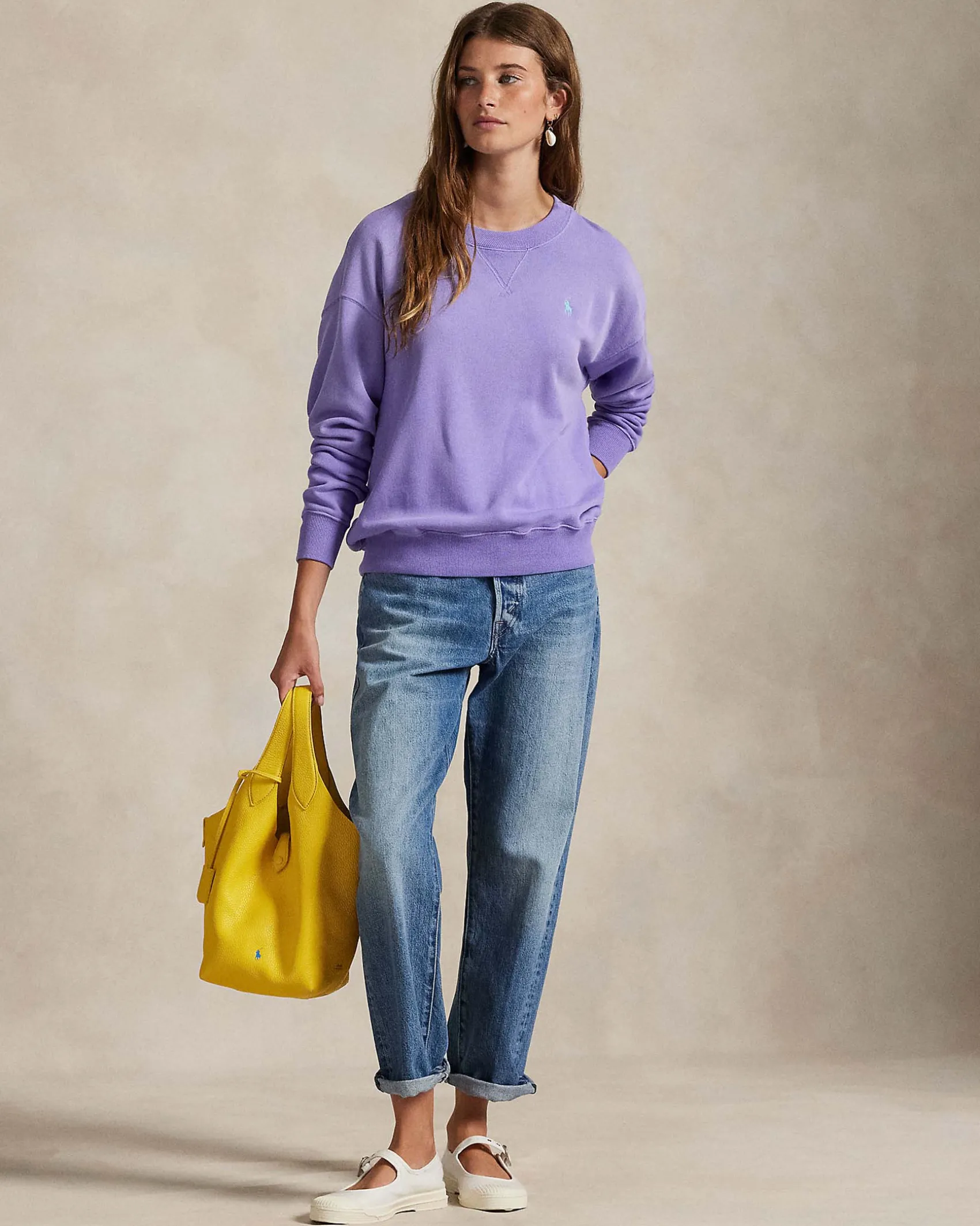 Felpa color lilla Polo Ralph Lauren in misto cotone garzato con logo a contrasto ricamato sul petto