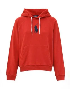 Felpa color mattone in jersey di cotone con cappuccio e maxi logo blu ricamato sul petto