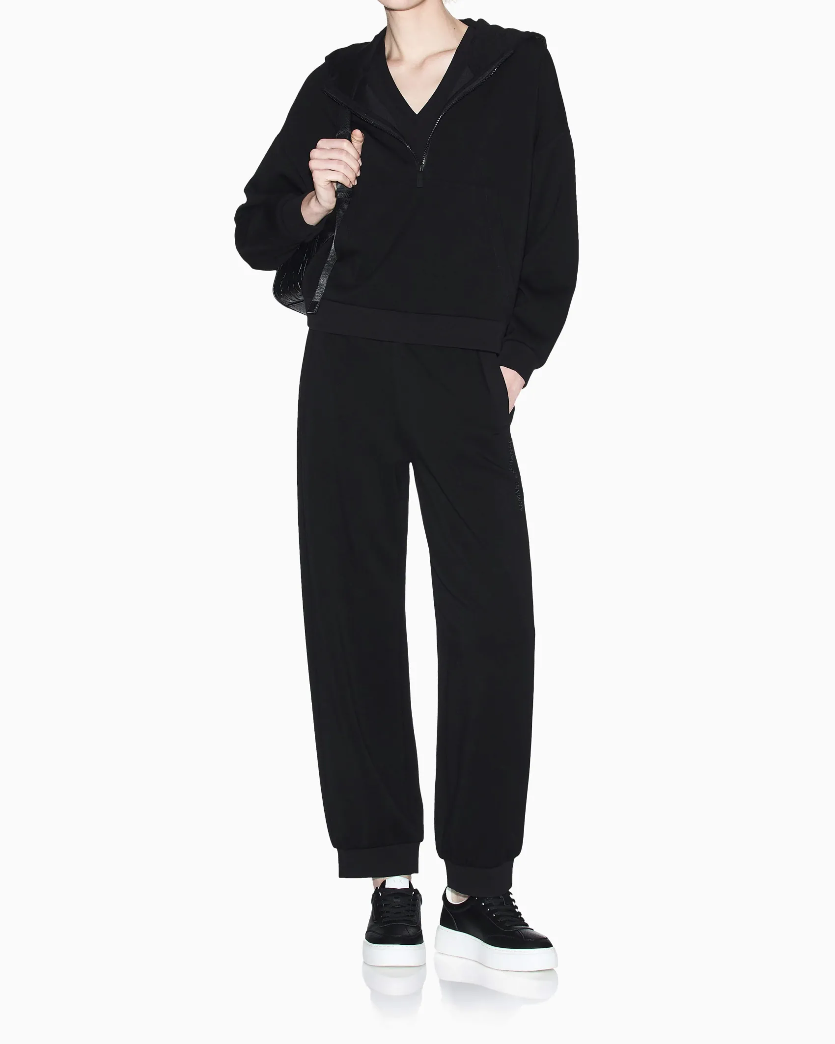 Felpa con cappuccio Armani Exchange nera in misto viscosa con dettagli in maglia