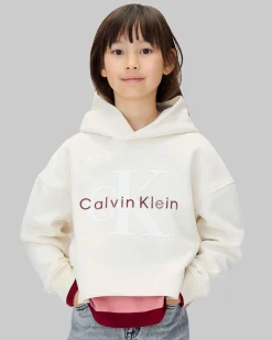 Felpa cropped Calvin Klein avorio con cappuccio e maxi logo gommato