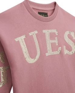 Felpa cropped Guess rosa antico con scritta logo oro paiettata