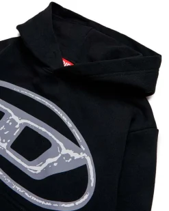 Felpa Diesel nera in cotone con cappuccio e maxi logo D effetto vintage