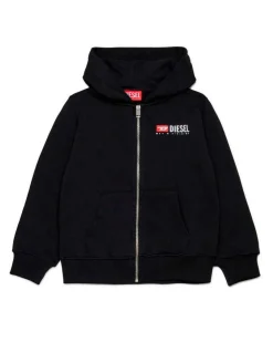Felpa Diesel nera in cotone con cappuccio zip e logo effetto pioggia