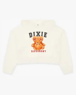 Felpa Dixie cropped color panna con cappuccio e stampa orsetto 'Real Different'