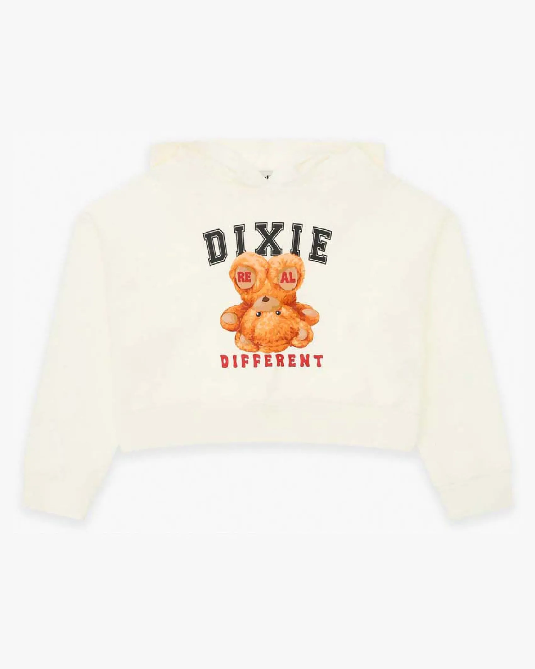 Felpa Dixie cropped color panna con cappuccio e stampa orsetto 'Real Different'