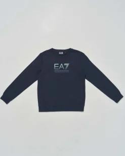 Felpa EA7 blu in cotone garzato girocollo con logo icon