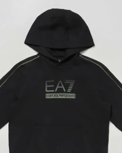 Felpa EA7 nera con cappuccio e logo monogram verde