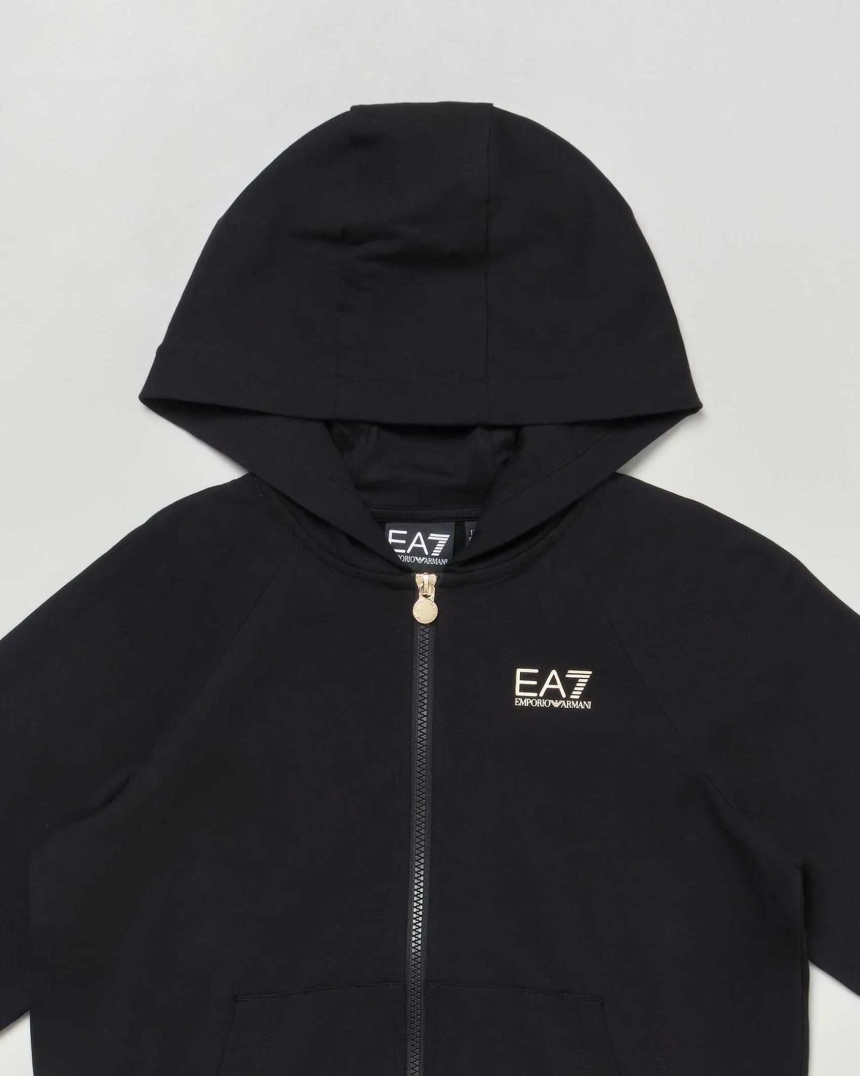 Felpa EA7 nera in misto cotone stretch con cappuccio e zip