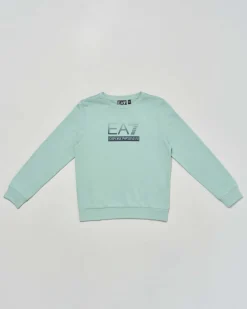 Felpa EA7 verde acqua in cotone garzato girocollo con logo icon