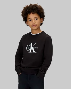 Felpa girocollo Calvin Klein nera in puro cotone a maniche lunghe con scritta logo bianca