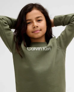 Felpa girocollo Calvin Klein verde militare in puro cotone con scritta logo bianca