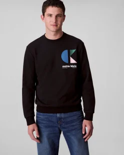 Felpa girocollo Calvin Klein Jeans nera in misto cotone con logo stampato multicolore