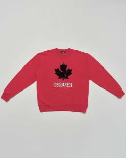 Felpa girocollo Dsquared2 rossa in puro cotone con maxi foglia logo