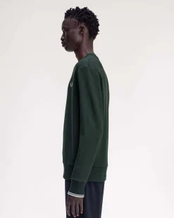 Felpa girocollo Fred Perry verde con bordino bianco sulla manica